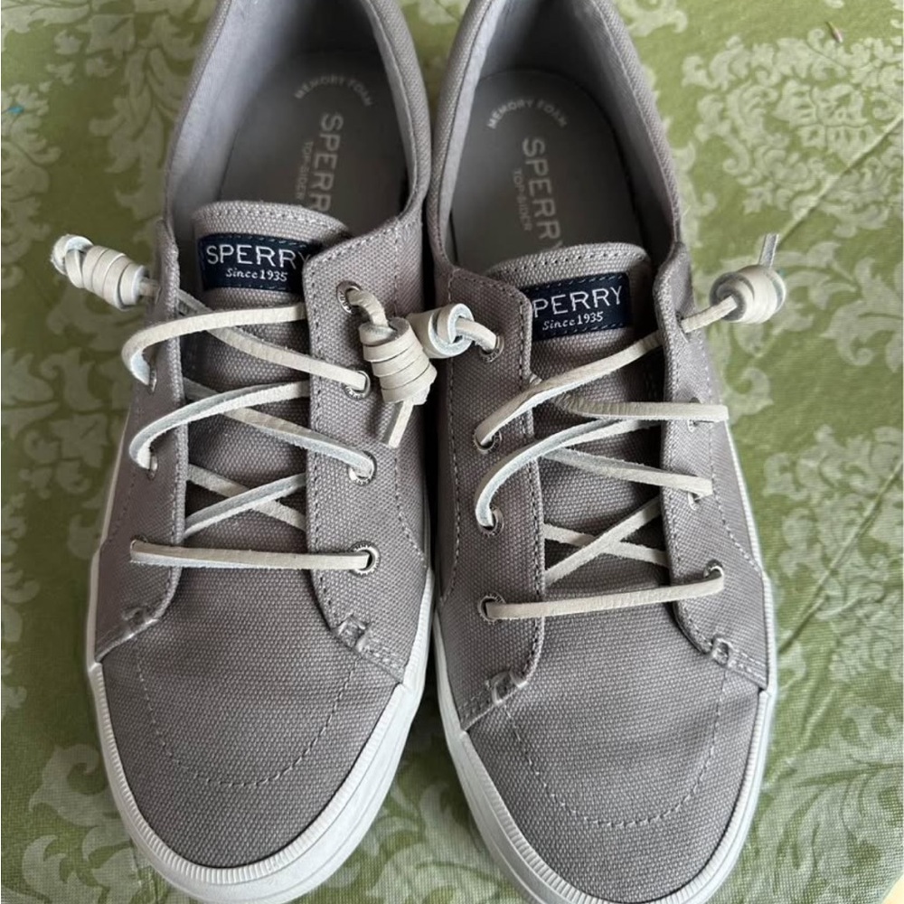 Sperry Gray Canvas Sneakers with White Sole and Metal Eyelets
